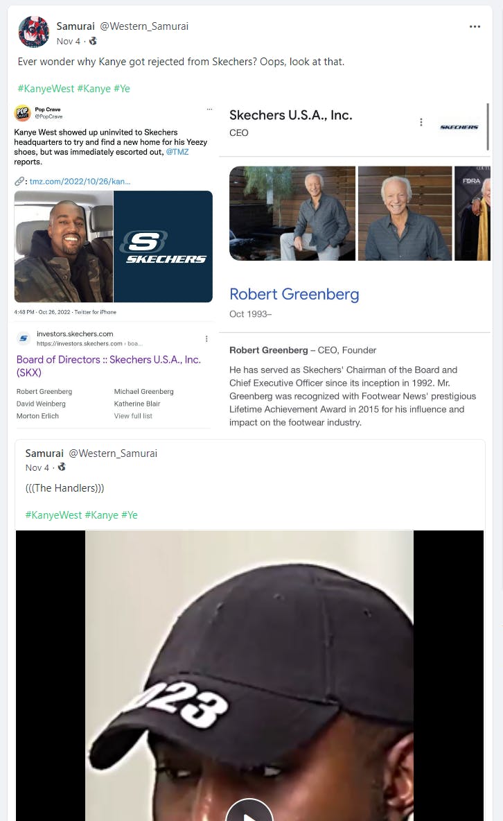 Gab post including screenshots showing names of Skechers board members