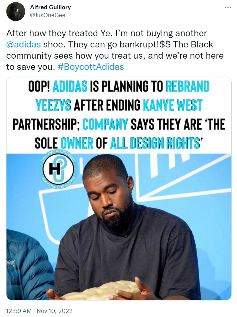 Tweet calling to boycott Adidas after they ended their partnership with Ye